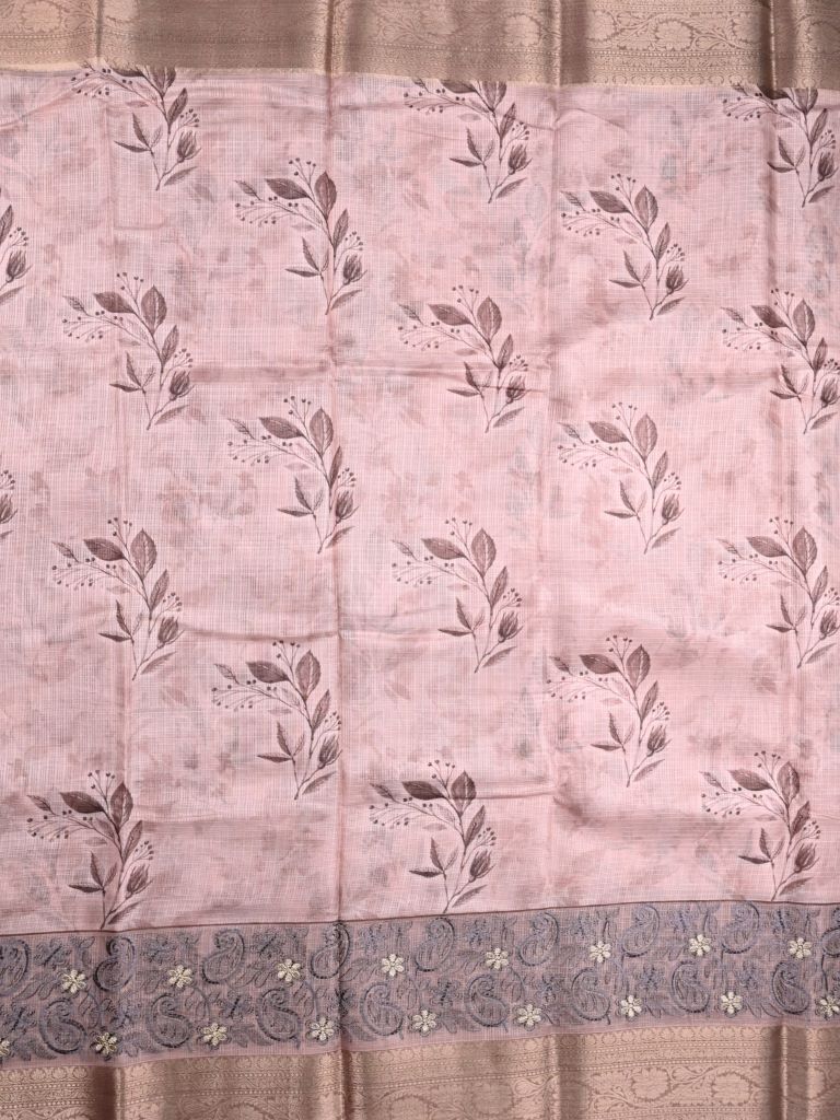 Kota tissue fancy saree onion pink color allover prints & zari border with printed pallu and printed blouse