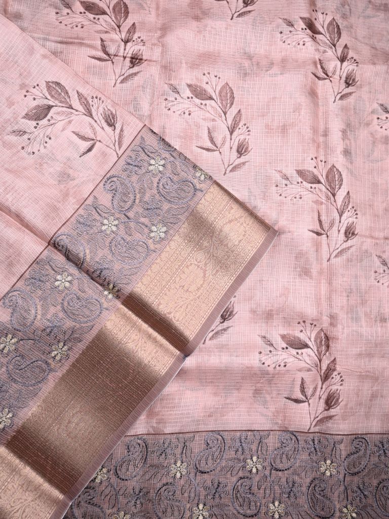 Kota tissue fancy saree onion pink color allover prints & zari border with printed pallu and printed blouse