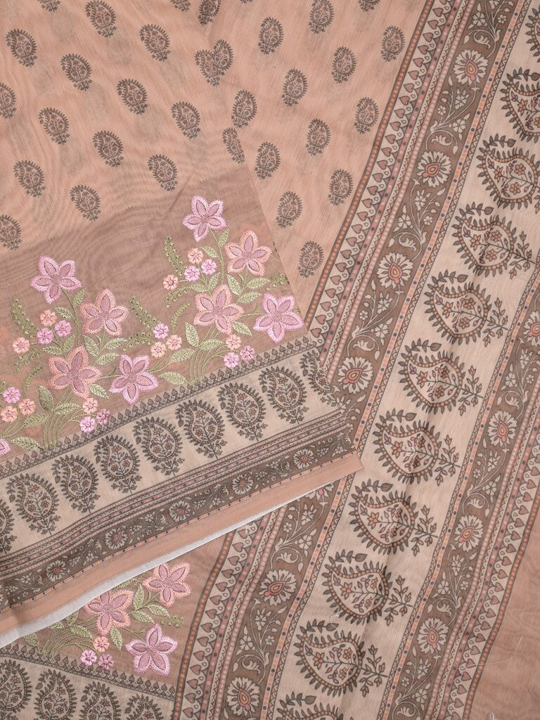 Chanderi fancy saree peach color allover prints, embroidery & printed border with printed pallu and printed blouse