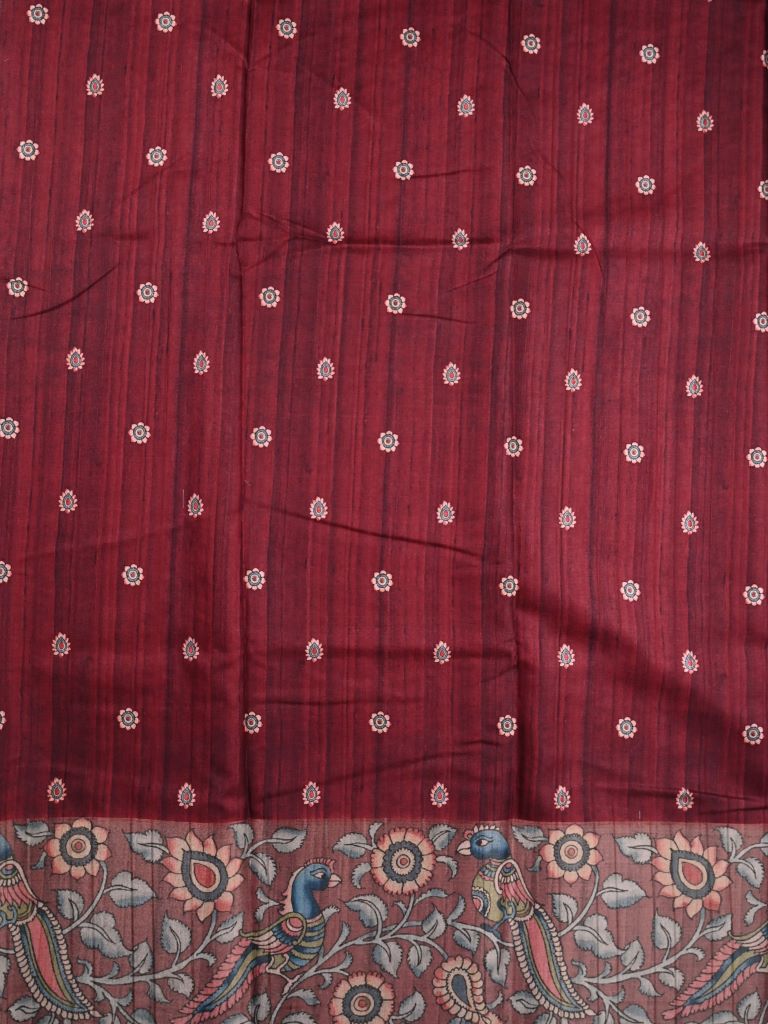 Tussar fancy saree red color allover prints & kalamkari border with kalamkari pallu and printed blouse