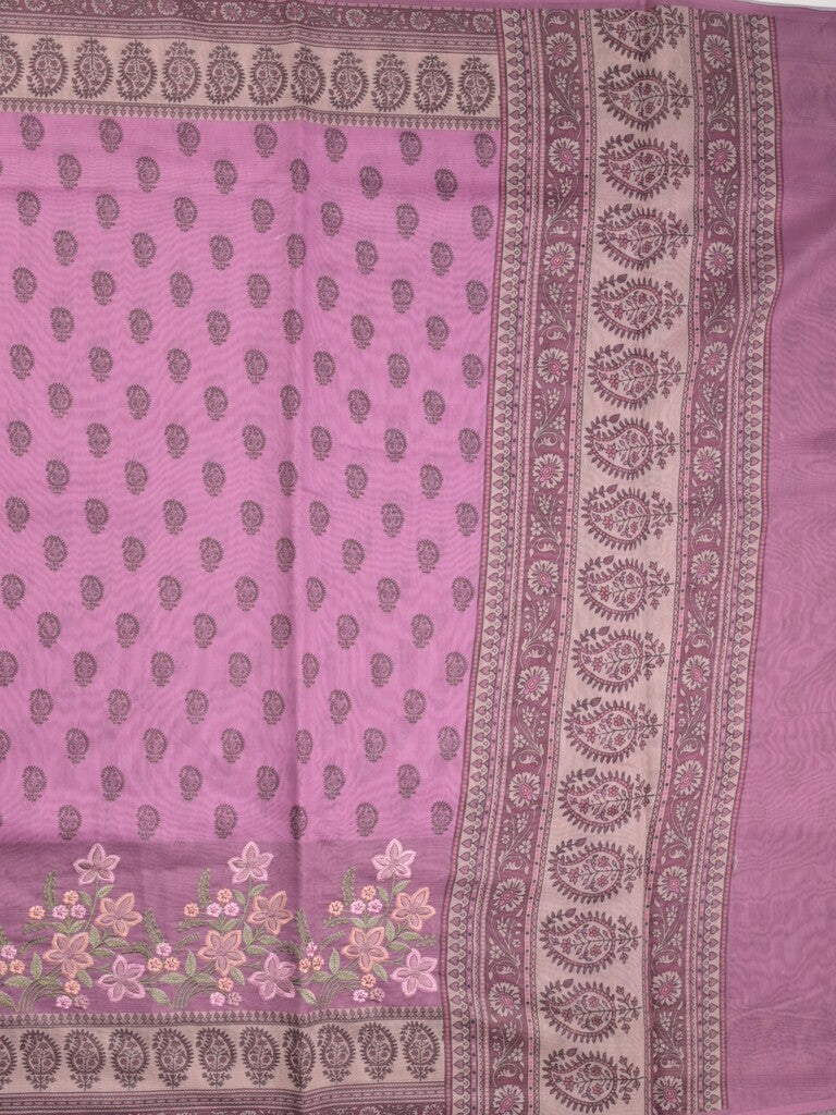 Chanderi fancy saree lavender color allover prints, embroidery & printed border with printed pallu and printed blouse