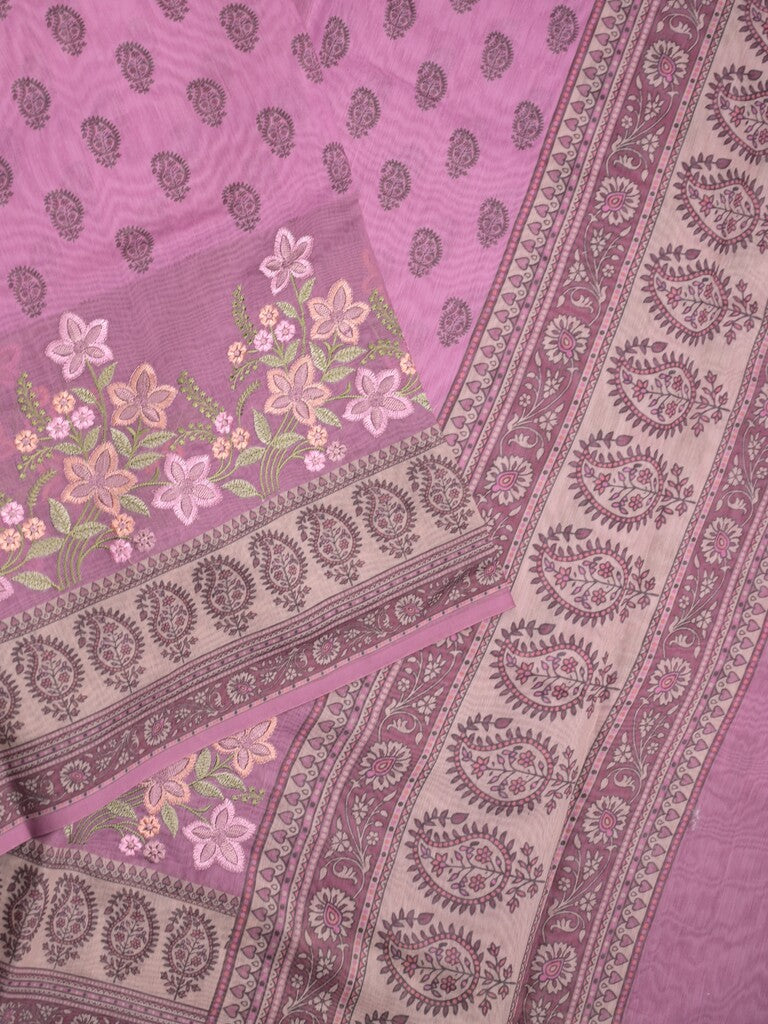 Chanderi fancy saree lavender color allover prints, embroidery & printed border with printed pallu and printed blouse