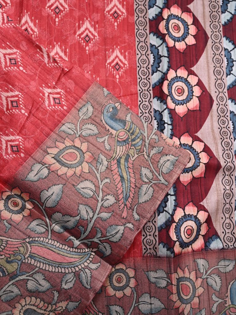 Tussar fancy saree red color allover prints & kalamkari border with kalamkari pallu and printed blouse