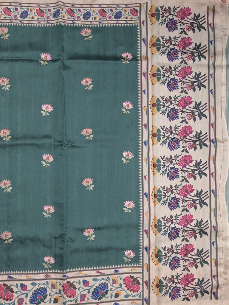 Tussar fancy saree dark green color allover prints & printed border with contrast pallu and printed blouse