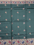 Tussar fancy saree dark green color allover prints & printed border with contrast pallu and printed blouse