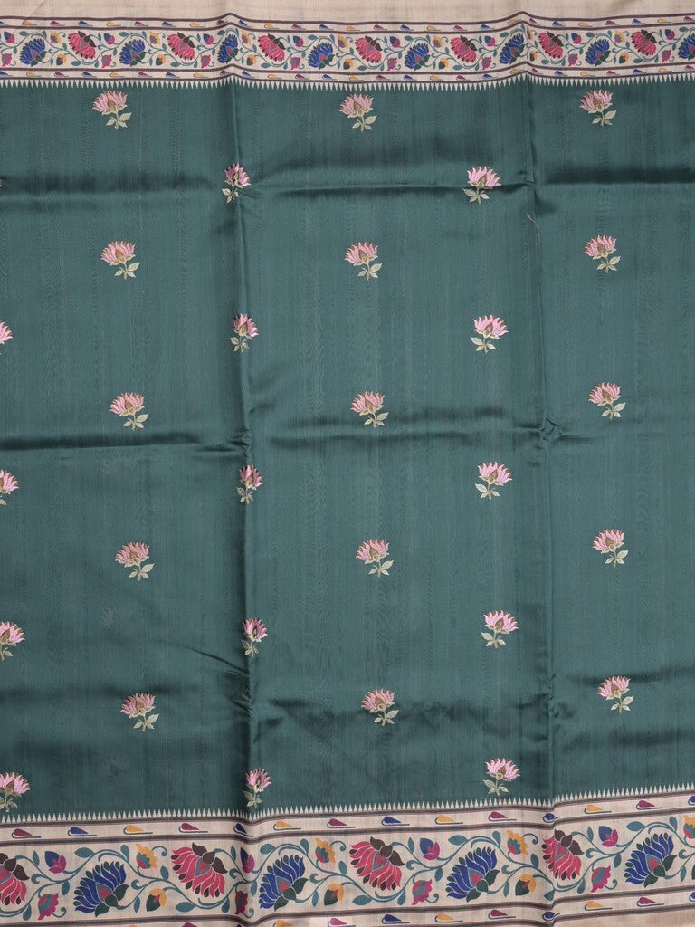 Tussar fancy saree dark green color allover prints & printed border with contrast pallu and printed blouse