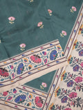 Tussar fancy saree dark green color allover prints & printed border with contrast pallu and printed blouse