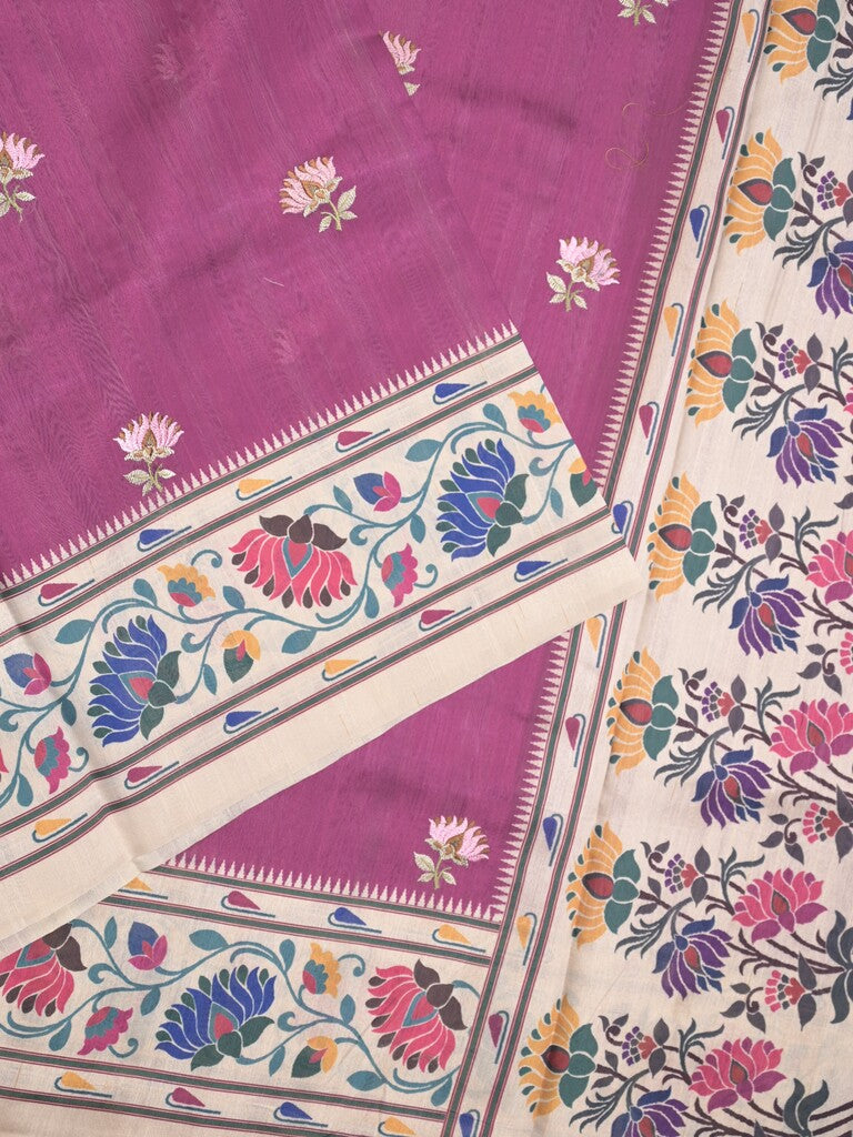 Tussar fancy saree purple color allover prints & printed border with contrast pallu and printed blouse