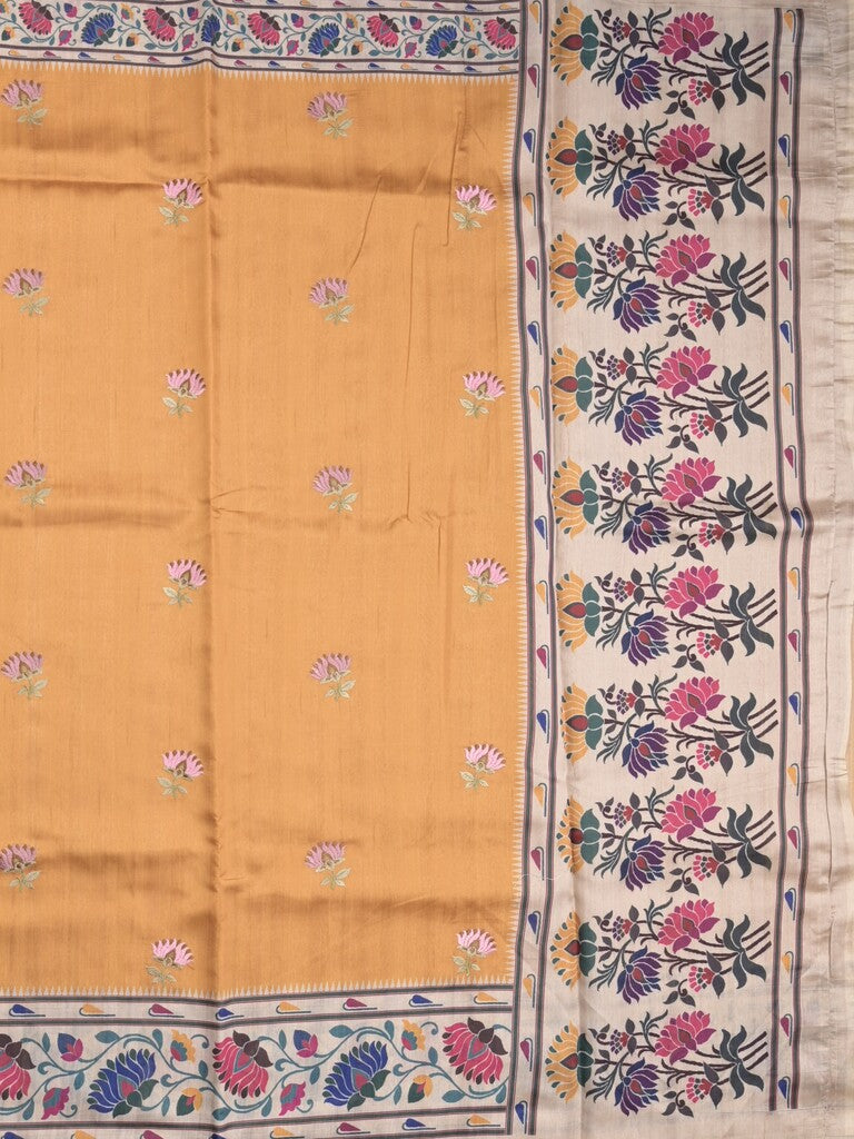 Tussar fancy saree golden yellow color allover prints & printed border with contrast pallu and printed blouse