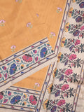 Tussar fancy saree golden yellow color allover prints & printed border with contrast pallu and printed blouse