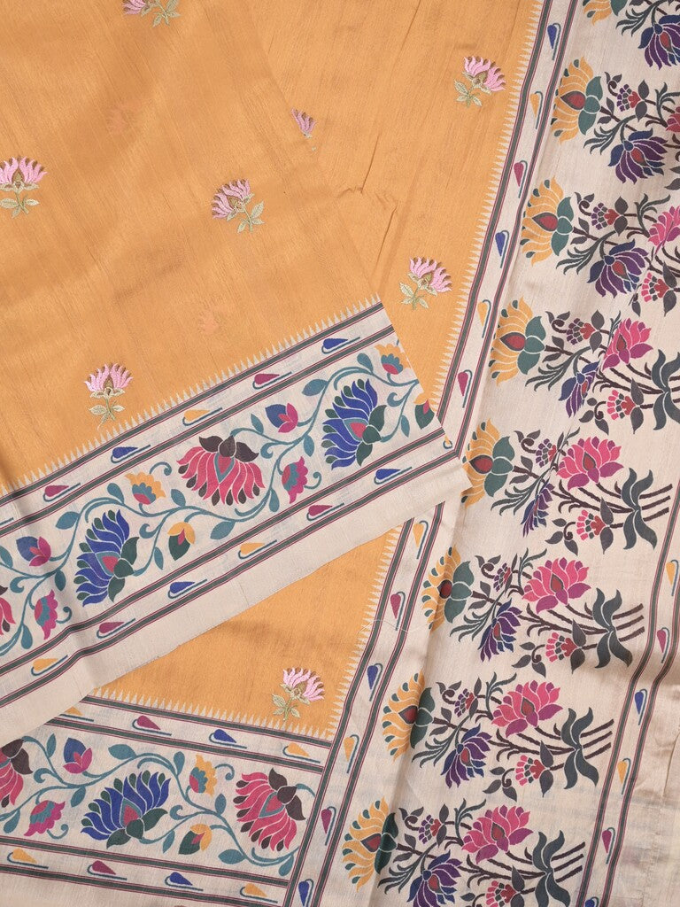 Tussar fancy saree golden yellow color allover prints & printed border with contrast pallu and printed blouse
