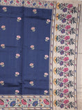 Tussar fancy saree navy blue color allover prints & printed border with contrast pallu and printed blouse