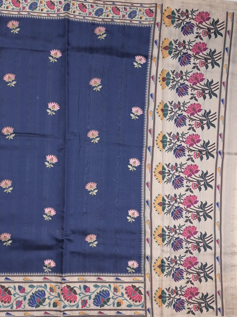 Tussar fancy saree navy blue color allover prints & printed border with contrast pallu and printed blouse