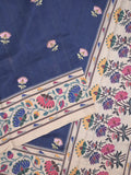 Tussar fancy saree navy blue color allover prints & printed border with contrast pallu and printed blouse