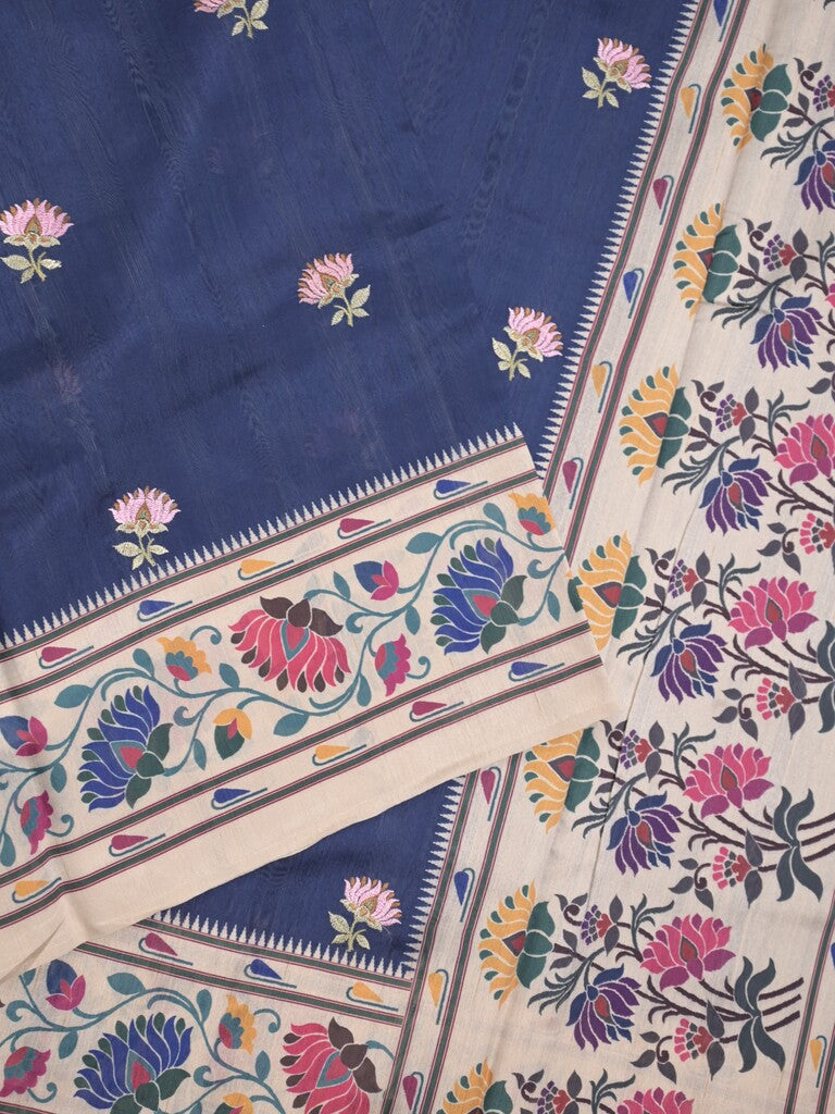 Tussar fancy saree navy blue color allover prints & printed border with contrast pallu and printed blouse