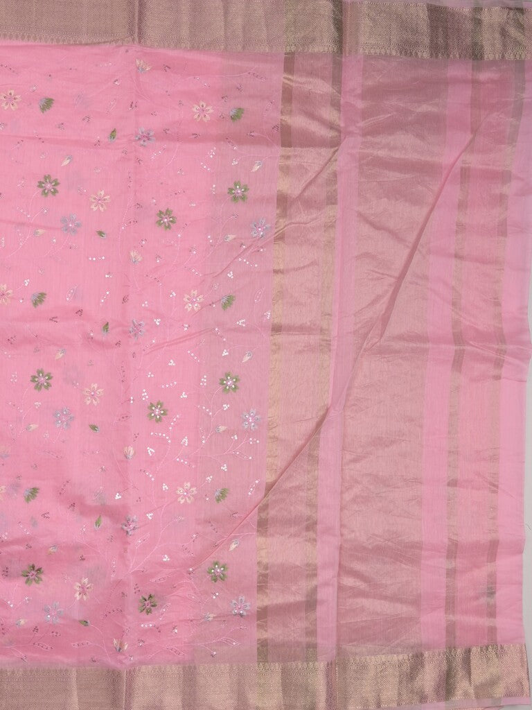 Chanderi fancy saree light pink color allover embroidery & zari border with short zari pallu and attached plain blouse