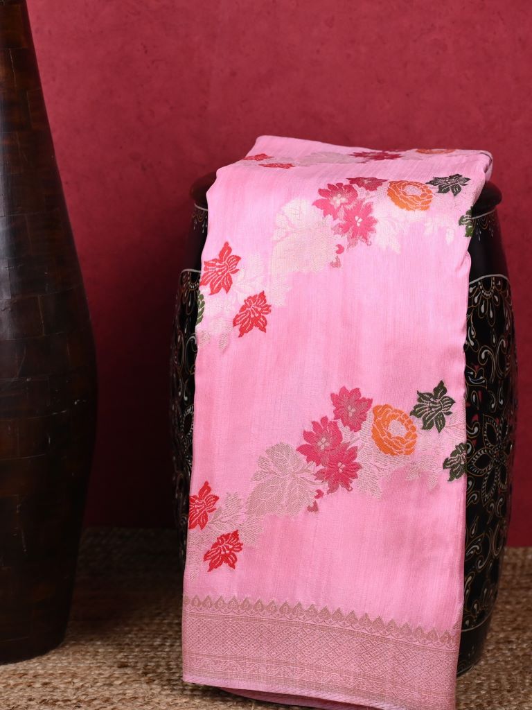 Matka kadhi fancy saree baby pink color allover zari weaves & zari border with rich pallu and plain blouse