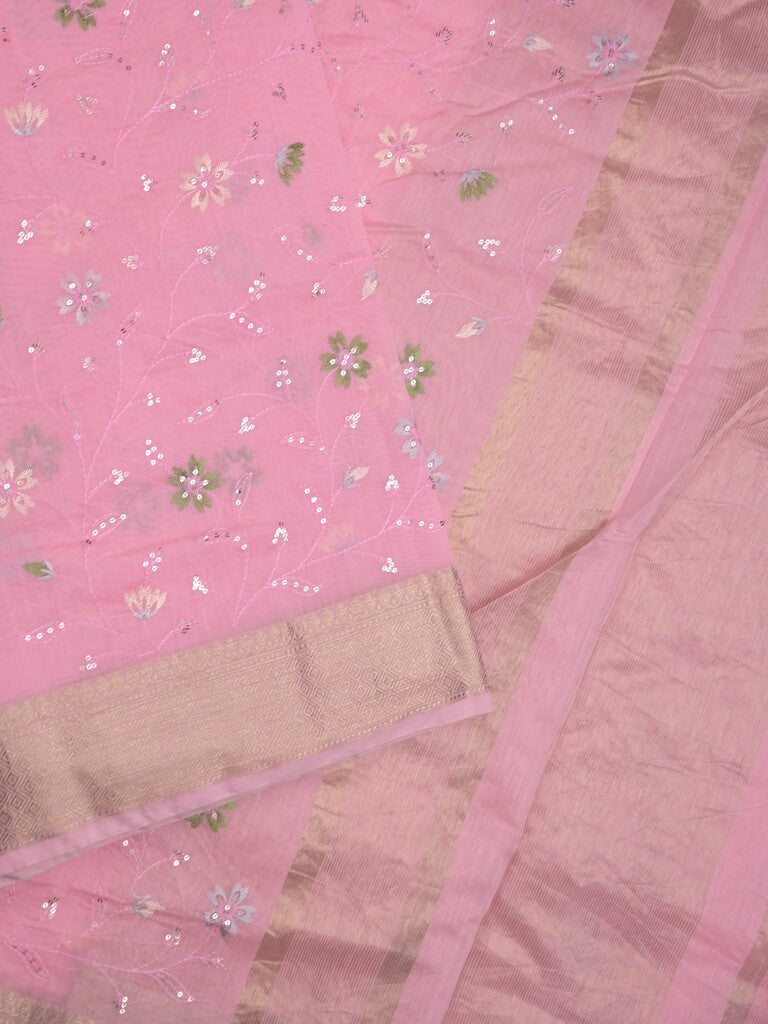 Chanderi fancy saree light pink color allover embroidery & zari border with short zari pallu and attached plain blouse