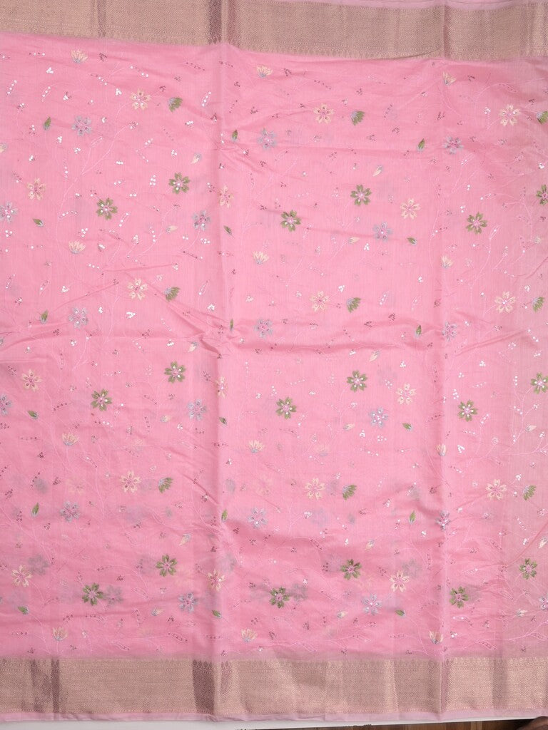 Chanderi fancy saree light pink color allover embroidery & zari border with short zari pallu and attached plain blouse