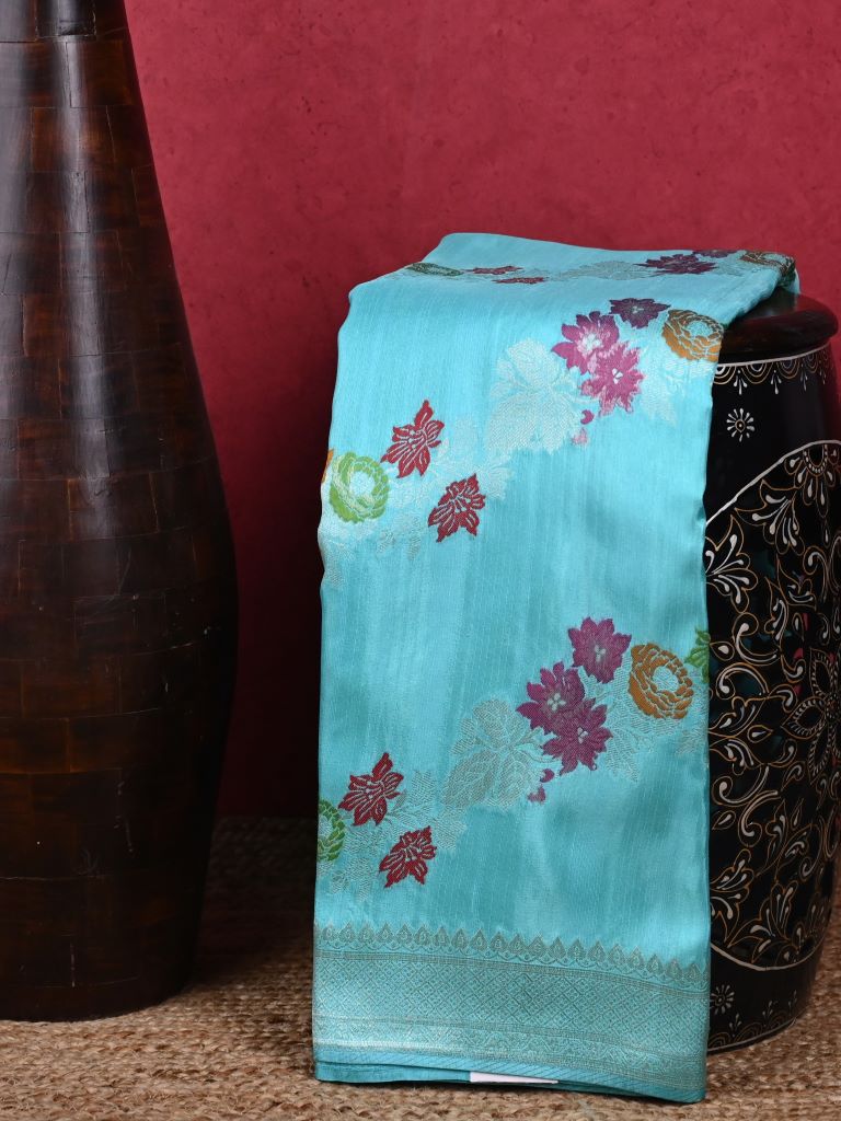 Matka kadhi fancy saree sky blue color allover zari weaves & zari border with rich pallu and plain blouse