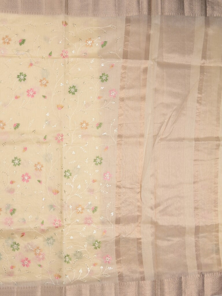 Chanderi fancy saree pastel yellow color allover embroidery & zari border with short zari pallu and attached plain blouse
