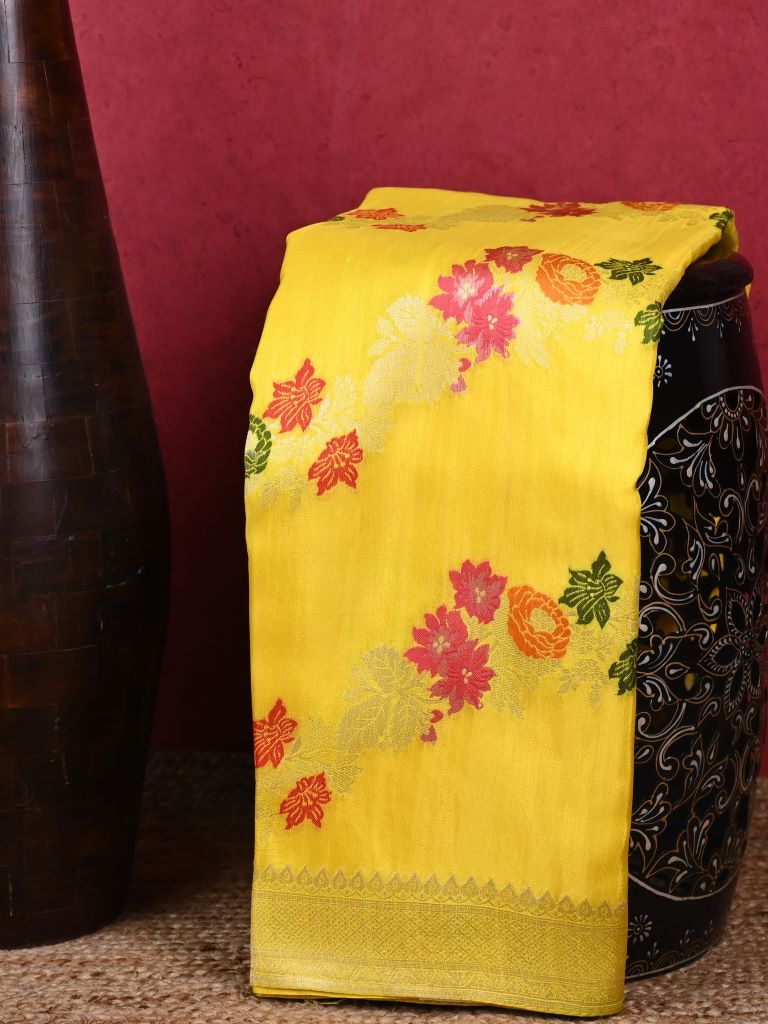 Matka kadhi fancy saree lemon yellow color allover zari weaves & zari border with rich pallu and plain blouse