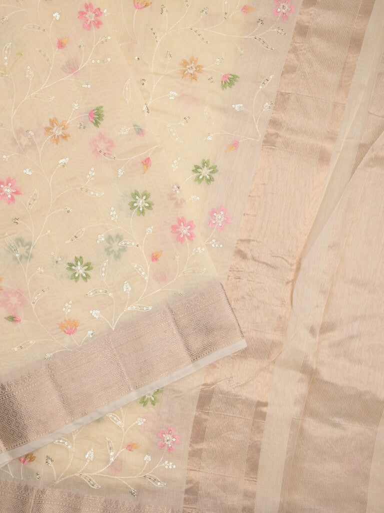 Chanderi fancy saree pastel yellow color allover embroidery & zari border with short zari pallu and attached plain blouse
