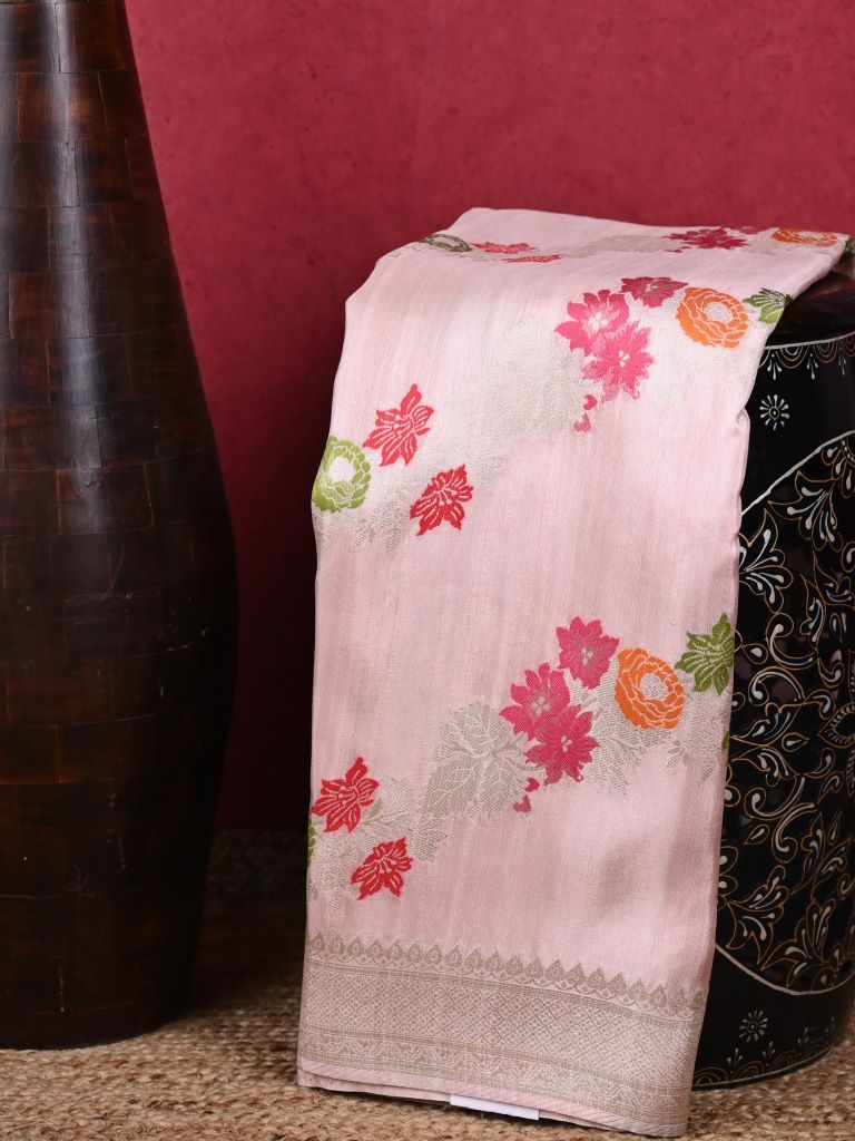 Matka kadhi fancy saree pastel pink color allover zari weaves & zari border with rich pallu and plain blouse