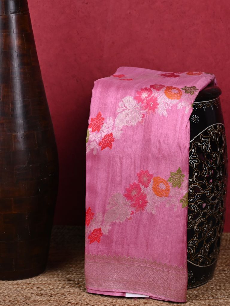 Matka kadhi fancy saree rose pink color allover zari weaves & zari border with rich pallu and plain blouse