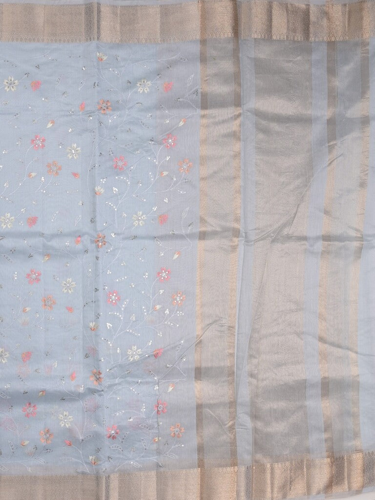 Chanderi fancy saree pastel blue color allover embroidery & zari border with short zari pallu and attached plain blouse