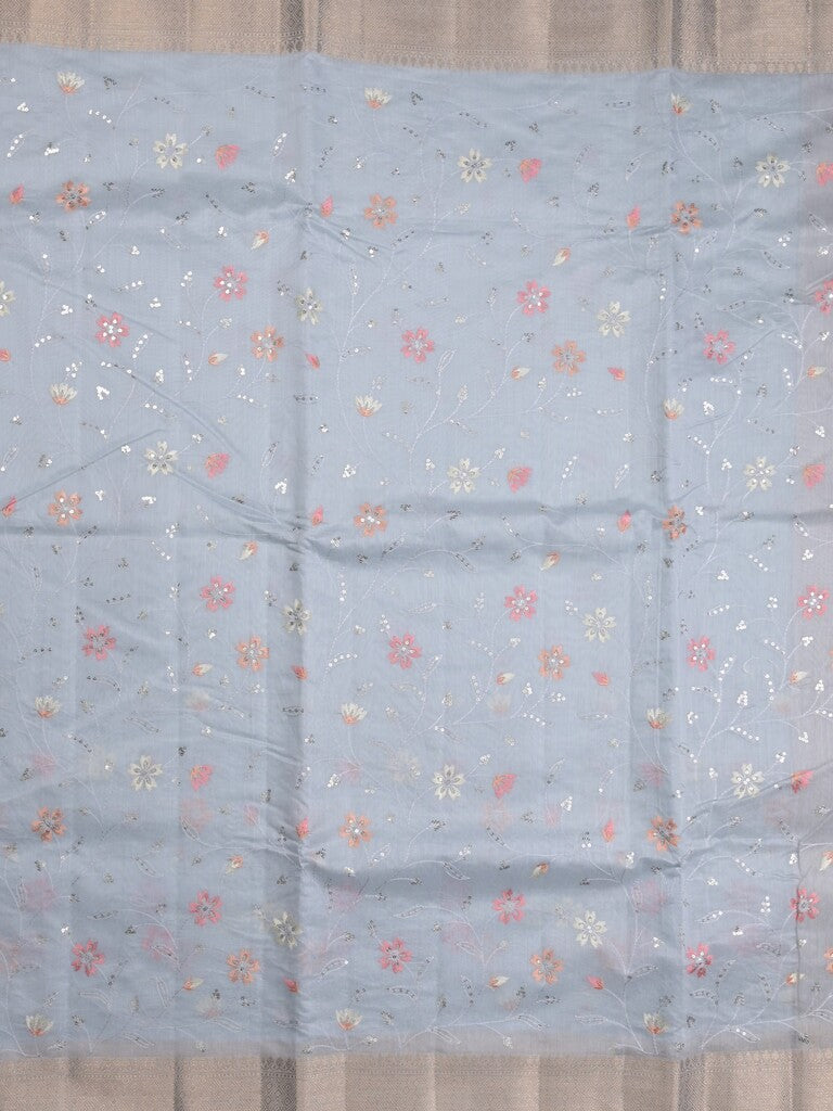 Chanderi fancy saree pastel blue color allover embroidery & zari border with short zari pallu and attached plain blouse