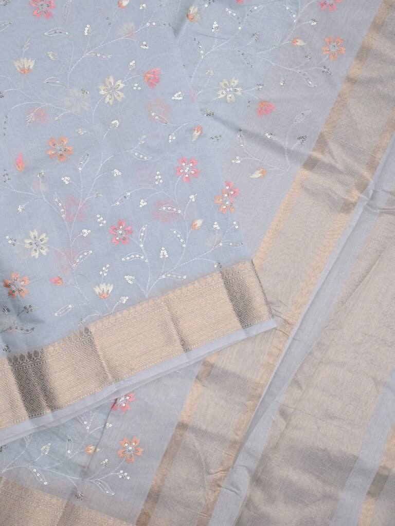 Chanderi fancy saree pastel blue color allover embroidery & zari border with short zari pallu and attached plain blouse