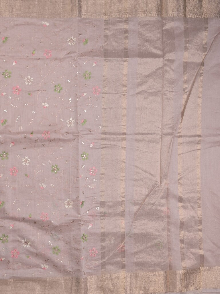 Chanderi fancy saree pastel light purple color allover embroidery & zari border with short zari pallu and attached plain blouse