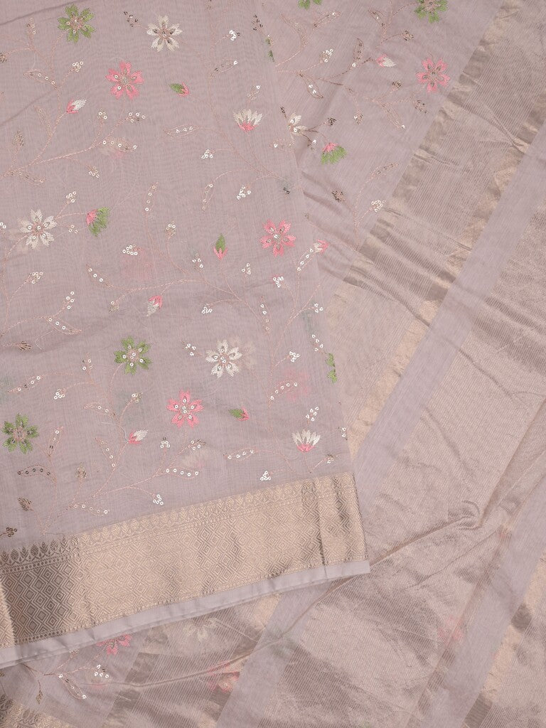 Chanderi fancy saree pastel light purple color allover embroidery & zari border with short zari pallu and attached plain blouse