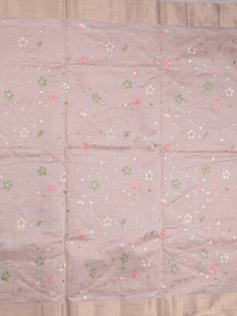 Chanderi fancy saree pastel light purple color allover embroidery & zari border with short zari pallu and attached plain blouse