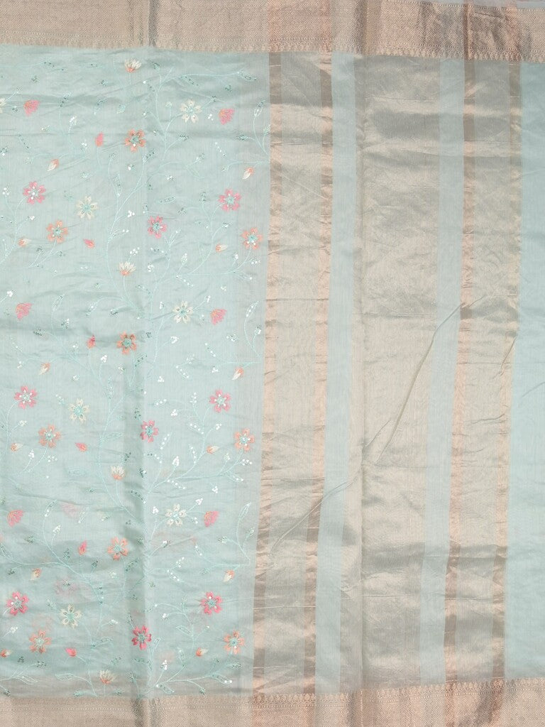 Chanderi fancy saree light blue color allover embroidery & zari border with short zari pallu and attached plain blouse