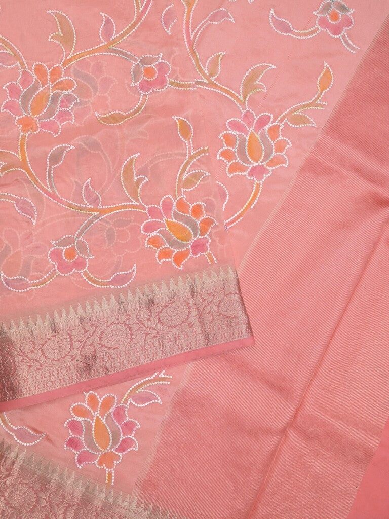 Dupion pattu saree light peach color allover weaves & zari border with short zari pallu and attached plain blouse