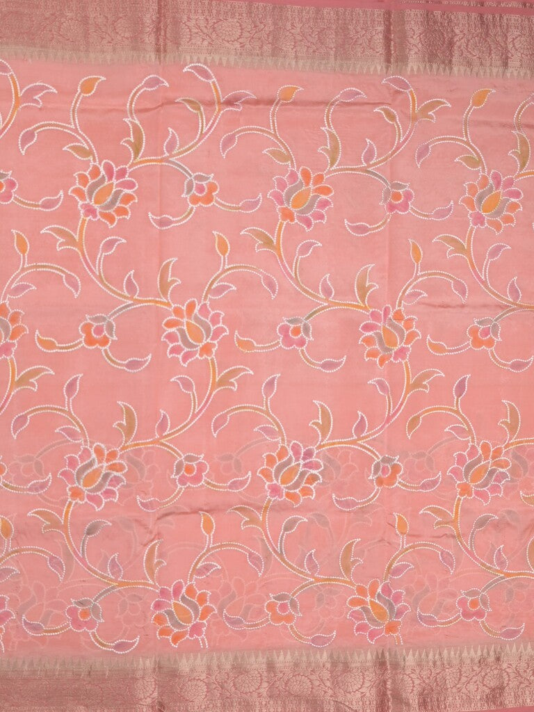 Dupion pattu saree light peach color allover weaves & zari border with short zari pallu and attached plain blouse