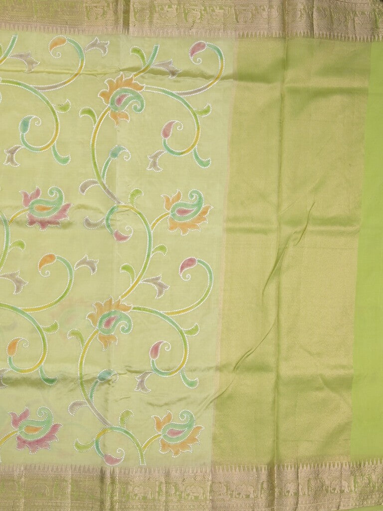 Dupion pattu saree light parrot green color allover weaves & zari border with short zari pallu and attached plain blouse