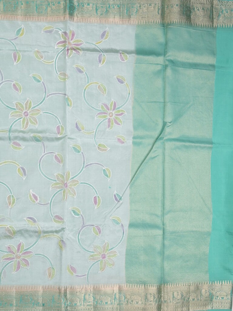 Dupion pattu saree light blue color allover weaves & zari border with short zari pallu and attached plain blouse