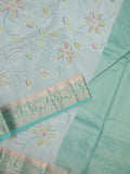 Dupion pattu saree light blue color allover weaves & zari border with short zari pallu and attached plain blouse