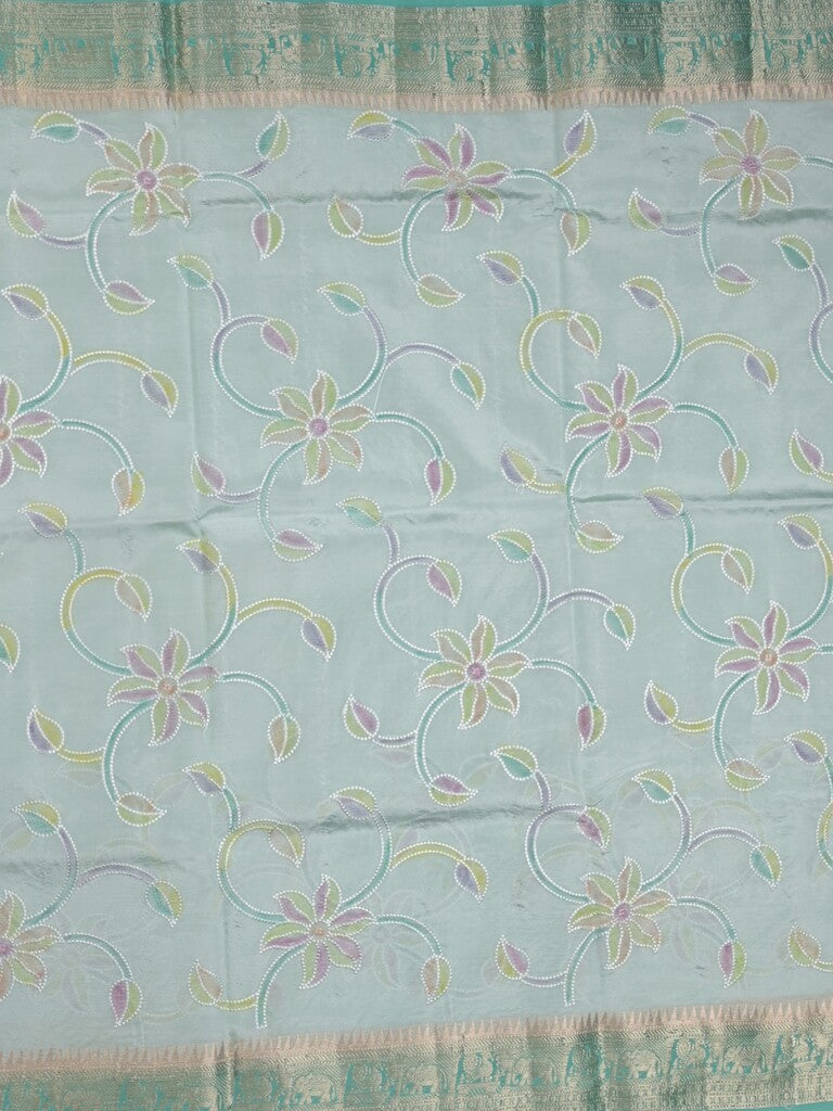 Dupion pattu saree light blue color allover weaves & zari border with short zari pallu and attached plain blouse