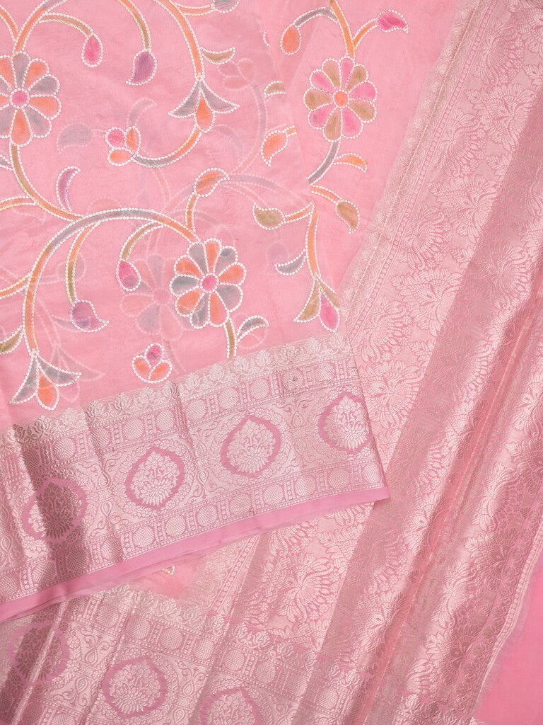 Dupion pattu saree baby pink color allover weaves & zari border with short zari pallu and attached plain blouse