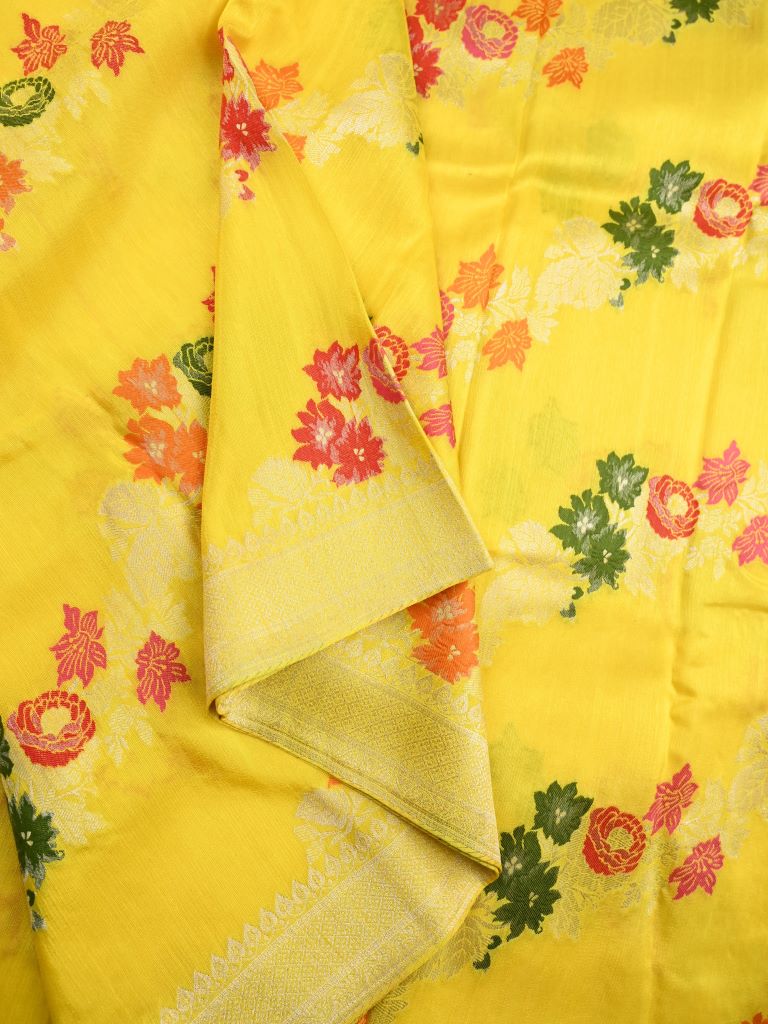 Matka kadhi fancy saree lemon yellow color allover zari weaves & zari border with rich pallu and plain blouse