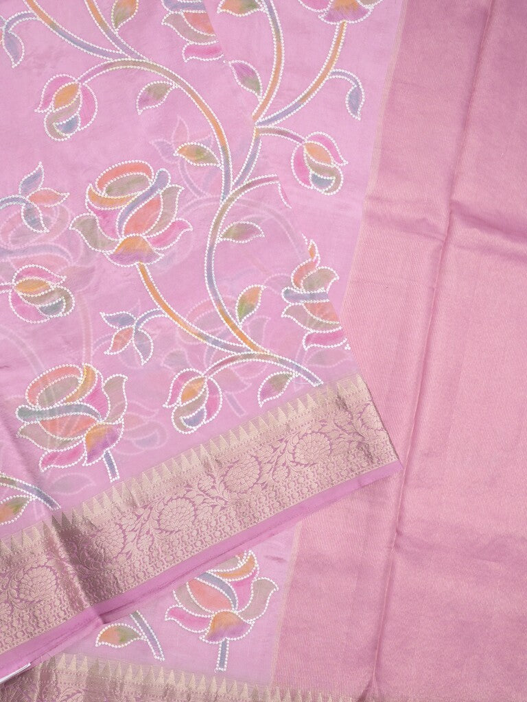 Dupion pattu saree light purple color allover weaves & zari border with short zari pallu and attached plain blouse