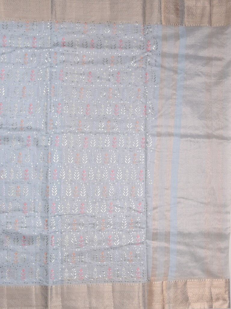Chanderi fancy saree light lavender color allover embroidery & zari border with short zari pallu and attached plain blouse