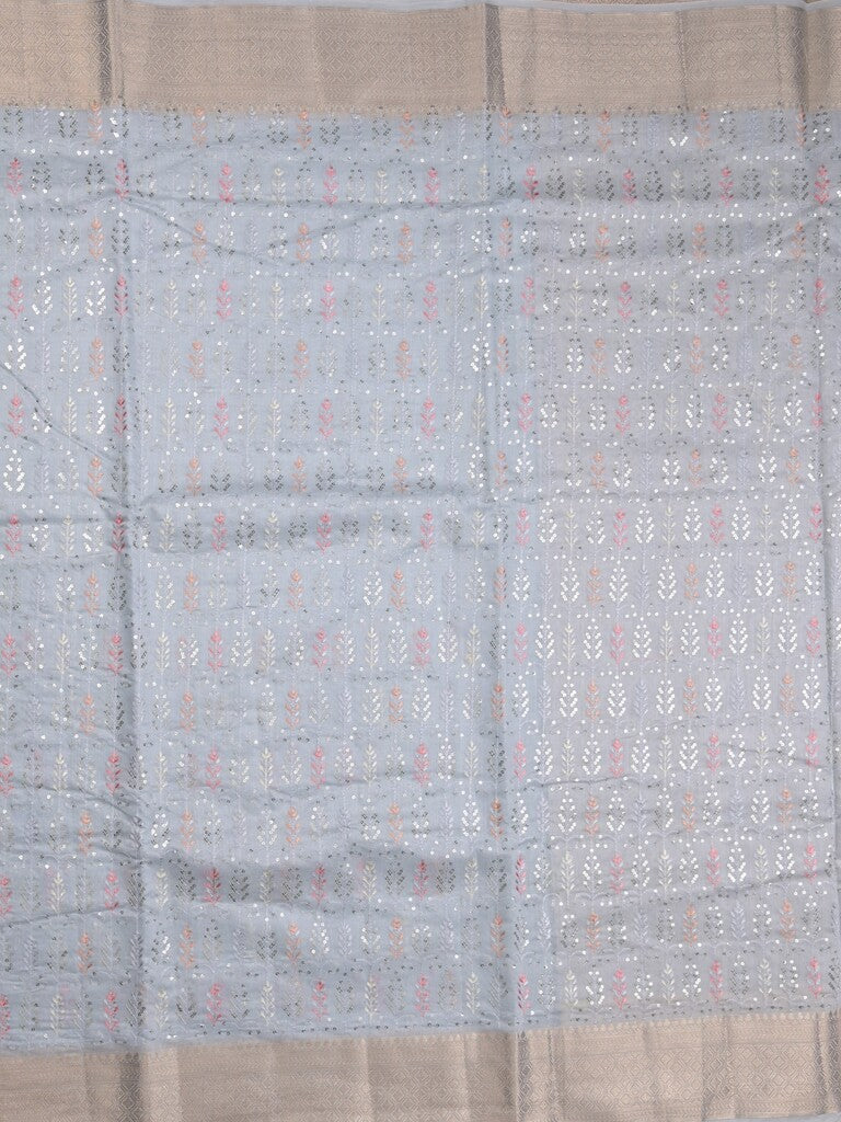 Chanderi fancy saree light lavender color allover embroidery & zari border with short zari pallu and attached plain blouse