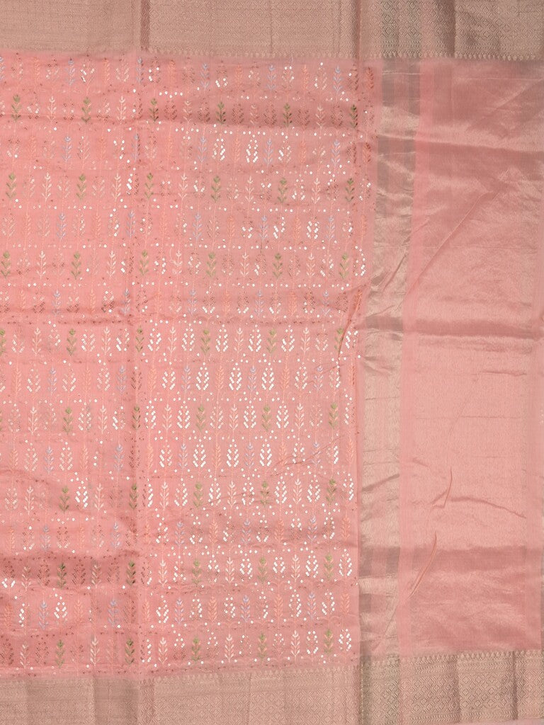 Chanderi fancy saree baby pink color allover embroidery & zari border with short zari pallu and attached plain blouse