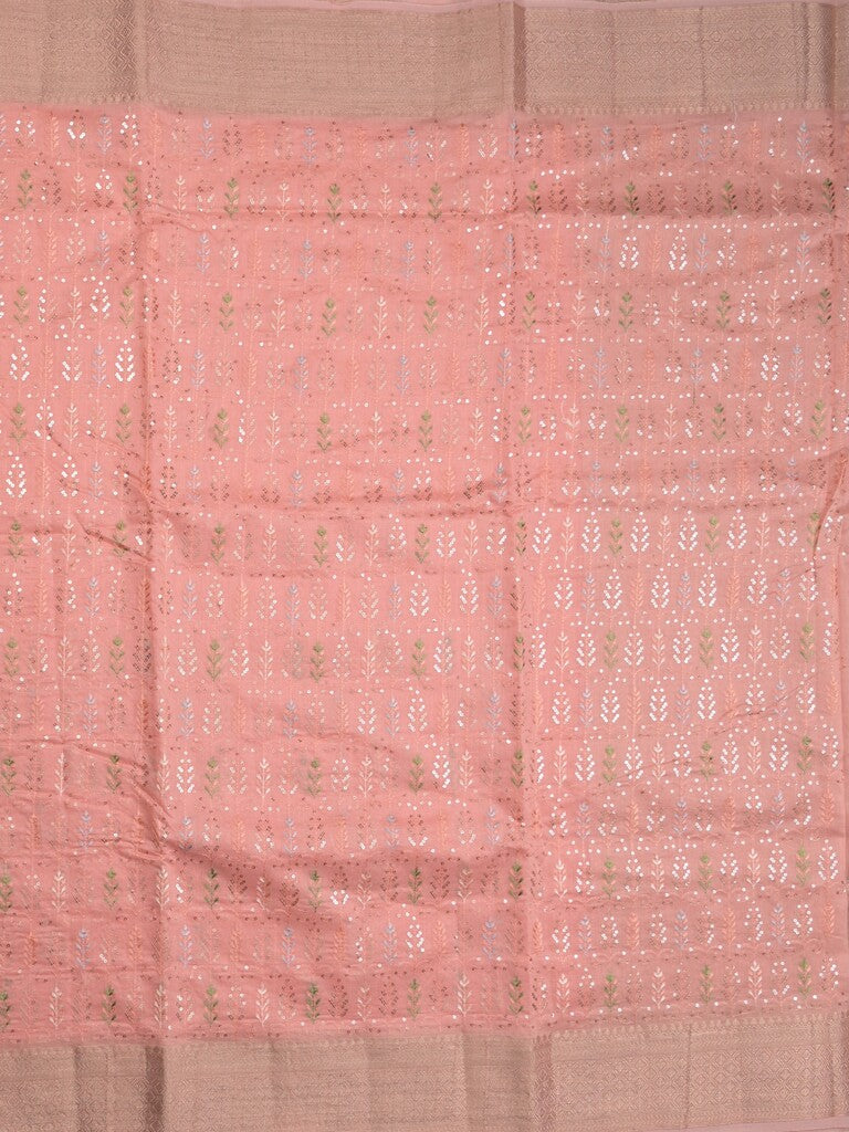 Chanderi fancy saree baby pink color allover embroidery & zari border with short zari pallu and attached plain blouse