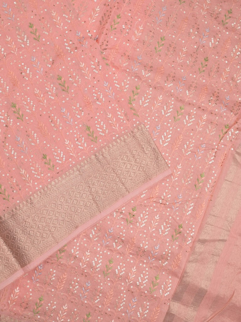 Chanderi fancy saree baby pink color allover embroidery & zari border with short zari pallu and attached plain blouse